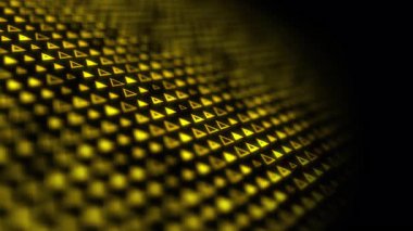 Siyah arka plandaki birçok sarı üçgenin animasyon arkaplanı. Teknoloji için ideal zemin.