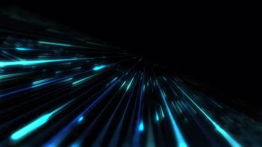 Üç boyutlu animasyon döngüsü. Bir anakart üzerinde hareket eden renkli neon çizgileri olan teknolojik arka plan..