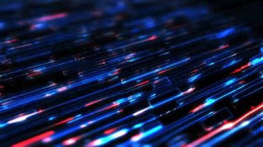 Üç boyutlu animasyon döngüsü. Bir anakart üzerinde hareket eden renkli neon çizgileri olan teknolojik arka plan..