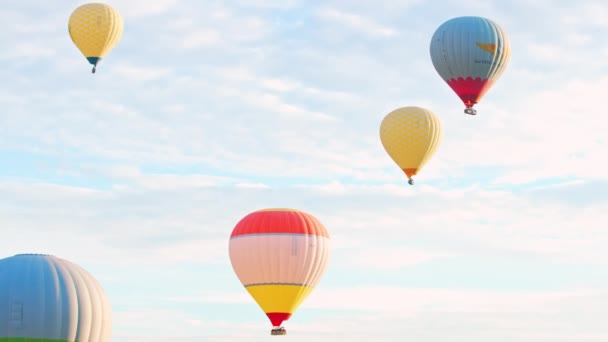 Vista Panorâmica Numerosos Balões Quente Diferentes Cores Padrões Voando Sobre — Vídeo de Stock
