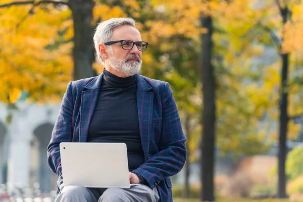 Modern stylish bearded grey-haired mature man entrepreneur sitting on a bench in the park with fall foliage and working on his laptop, checking business emails. High quality photo