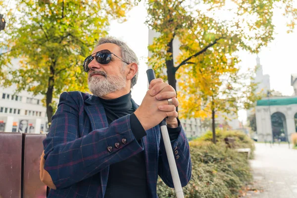 Blind bearded grey-haired mature man with dark eyeglasses on and a suit jacket holding a walking stick and sitting on a bench in the park. High quality photo