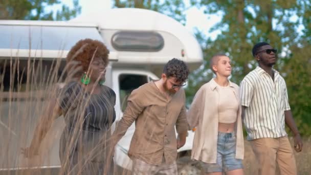 一群年轻的成年朋友手牵手站在野营车外面 以庆祝的姿态将他们扶起来 不同的朋友圈横向室外视频 高质量的4K镜头 — 图库视频影像