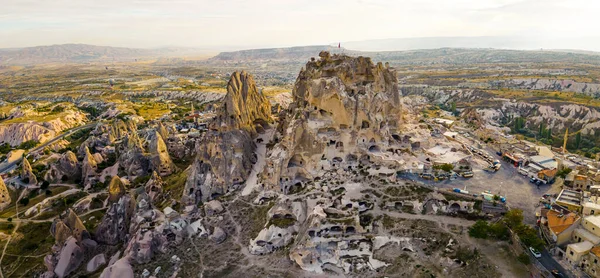 Panoramic Drone View Volcanic Rock Formations Towers Cones Cave Houses — Stock Photo, Image