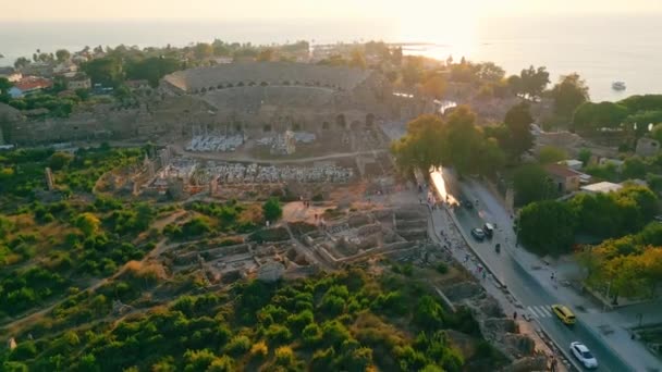 Magnificent Aerial Video Ancient City Side Its Well Known Aphitheater — Stock Video