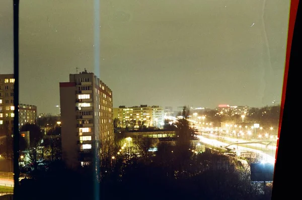 Nightlife City Analog Outdoor Photograph Showing Various Blocks Flats Illuminated — Stock Photo, Image