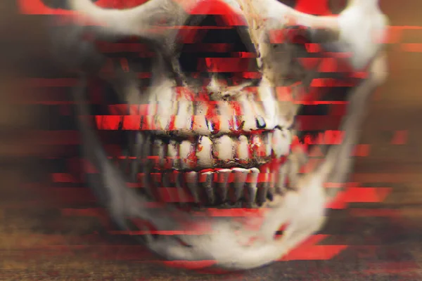 イラスト 汚れた黒い歯と赤い色で作成された色収差で覆われた人間の頭蓋骨の顎の閉鎖 背景がぼやけている 高品質の3Dイラスト — ストック写真