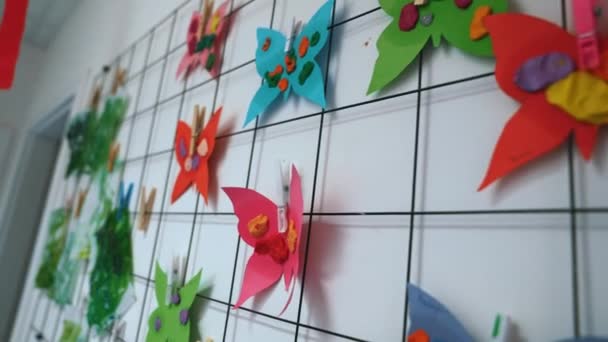 Closeup View Full Paper Made Colorful Butterflies Kids Handcrafts Nursery — Stock Video