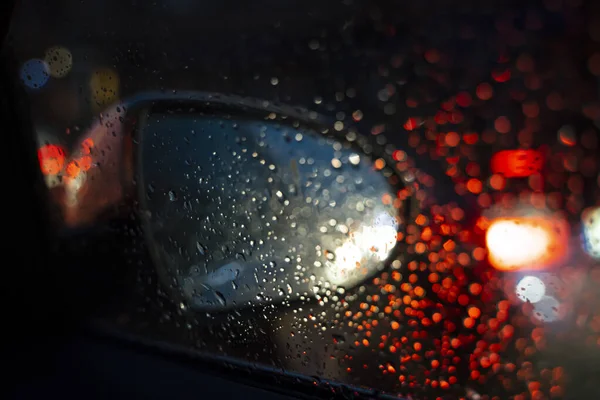 Out Focus Car Side View Mirror Rain Drops Seen Wet — Stock Photo, Image