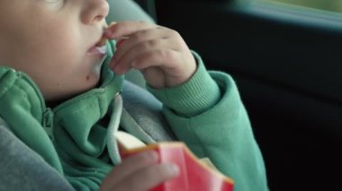 Bebek koltuğunda oturan ve patates kızartması yiyen küçük bir çocuğun kırpılmış görüntüsü. Yüksek kalite 4k görüntü