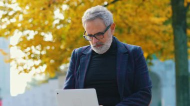 Şık, kendine güvenen, sakallı, gri saçlı, parkta dizüstü bilgisayarıyla çalışan bir adam, aniden kameraya bakar. Yüksek kalite 4k görüntü
