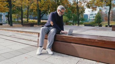 Tarz sahibi, sakallı, gri saçlı bir girişimci parktaki bankta oturuyor ve bilgisayarını uzaktan kontrol ediyor. Yüksek kalite 4k görüntü