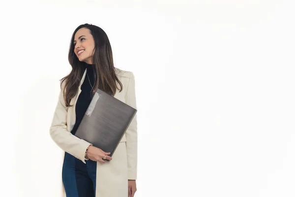 Stock image Young smiling elegant woman with a document folder isolated on white background. High quality photo