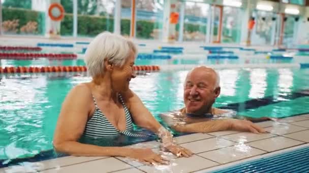 수영장의 노인들 코카서스 여자와 수영장 가장자리에서 카메라를 고품질 — 비디오