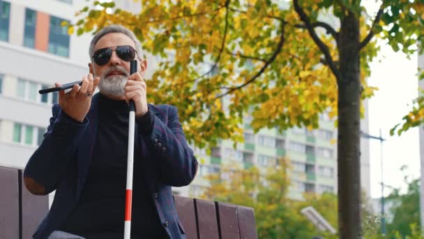 Empreendedor Cego Terno Chamando Seu Smartphone Parque Imagens Alta Qualidade — Vídeo de Stock