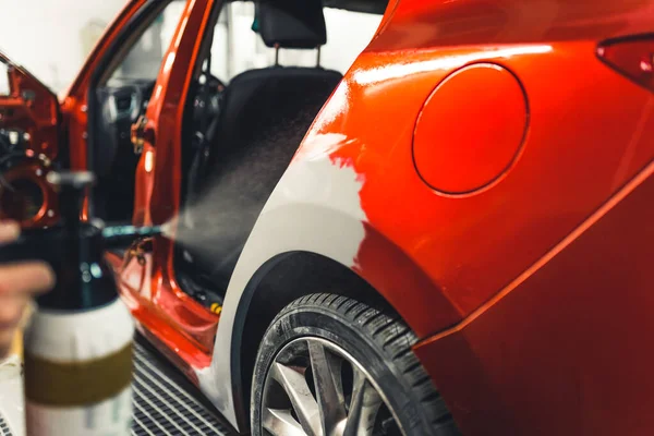 Refinishing Vehicles Concept Indoor Shot Unrecognizable Person Using Spray Automotive — Stock Photo, Image