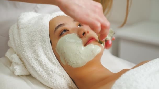 Spa日和放松的概念 深层肌肤清洁 难以辨认的高加索美容师在她的亚洲女性客户的脸上撒满了粘土面罩 高质量的4K镜头 — 图库视频影像