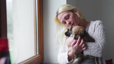 Yetişkin, beyaz bir kadın, sıcak bir hırka giymiş, elinde kurtarılmış iki kahverengi köpek yavrusu tutuyor ve geçici evindeki yavruları kurtarmak için bahçeyi gösteriyor. Yüksek kalite 4k görüntü