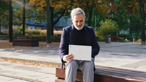 Συγκεντρωμένος Στιλάτος Γενειάδα Γκριζομάλλης Άντρας Κάθεται Ένα Παγκάκι Στο Πάρκο — Αρχείο Βίντεο