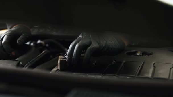 Alguien Con Guantes Negros Limpiando Motor Del Coche Usando Esponja — Vídeo de stock