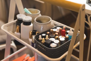 closeup view of the nail-care product and nail polishes at the salon. High quality photo