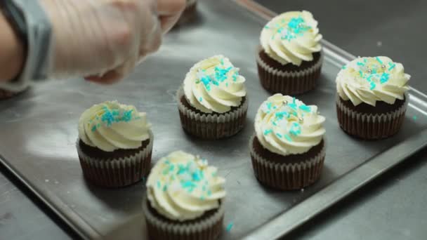 Baker Adding White Blue Sprinkles Toppings Buttercream Frosting Chocolate Muffins — Stockvideo