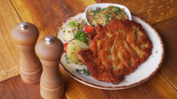 Tasty Cutlet Plate Restaurant Dish Traditional Polish Pork Chop Served — Wideo stockowe