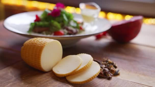 Salad Pieces Duck Meat Served Traditional Polish Cheese White Plate — Stockvideo
