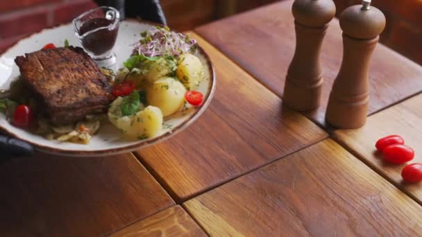 Traditional Polish Meat Dish Pork Ribs Served Boiled Potatoes Seasonal — Wideo stockowe