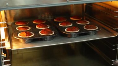 female chef taking chocolate muffins out from an oven, preparing sweets. High quality 4k footage