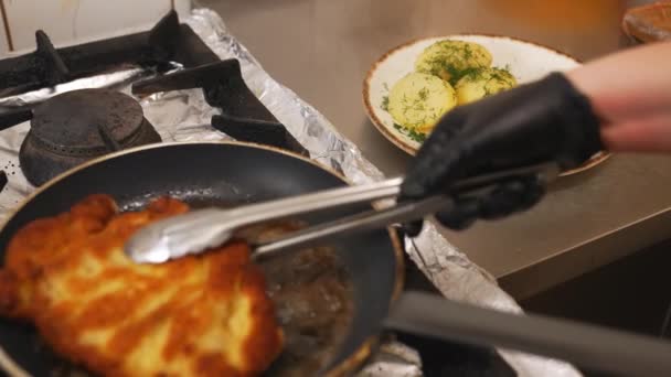 Polish Cuisine Concept Frying Process Pork Chop Cutlet Piece Meat — Vídeo de stock