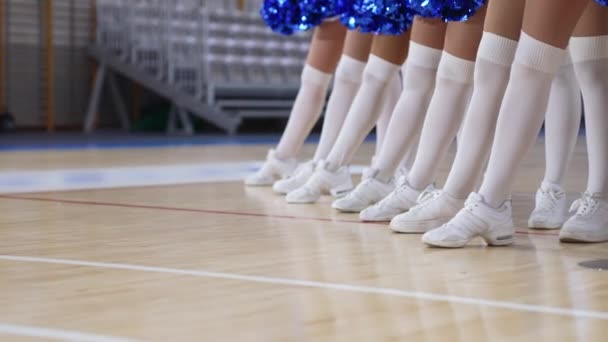 Cheerleaders Mini Skirts Knee High Socks Holding Pom Poms Focus — Stockvideo
