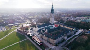 01.03.2023 Jasna Gora, Czestochowa, Poland. The shot allows for a slow view of the Church and big tower. The church is white with a dark roof. High quality 4k footage