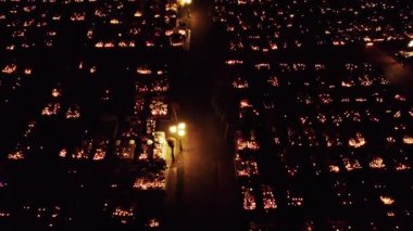 All Saints Day in Poland - drone aerial footage nighttime. High quality 4k footage