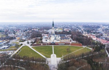 01.03.2023 Jasna Gora, Czestochowa, Poland. Aleja Najswietszej Panny. Wide-angle drone perspective of famous church. . High quality photo