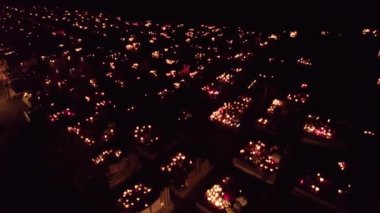 All Saints Day in Poland - drone aerial footage nighttime. High quality 4k footage