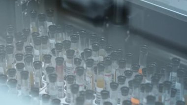  Birçok test tüpünün birlikte depolandığı bir çekim. Laboratuvar konsepti. Yakın plan. Tıp konsepti. Yüksek kalite 4k görüntü