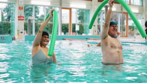 Son Sınıf Çifti Yüzme Havuzunda Erişte Kullanarak Esneme Egzersizleri Yapıyor — Stok video