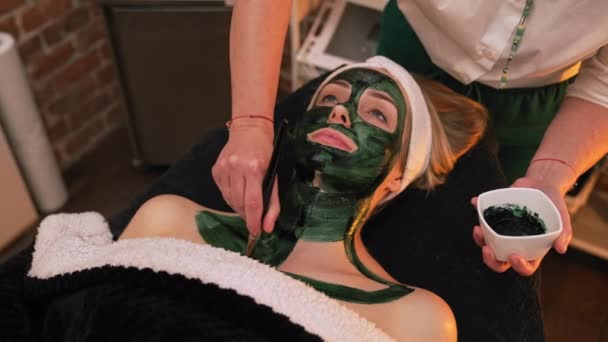 Top View Female Client Having Beauty Mask Applied Her Face — Stockvideo