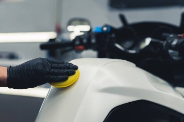 Motorcycle detailing concept, deep cleaning in car spa. High quality photo