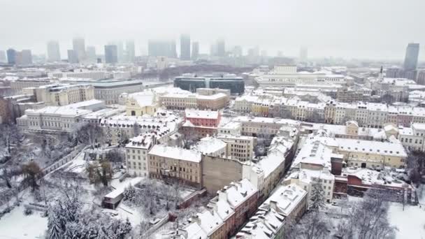 2023 Warsaw Poland Aerial Video City Townhouses Winter Skyscrapers Background — Stock videók