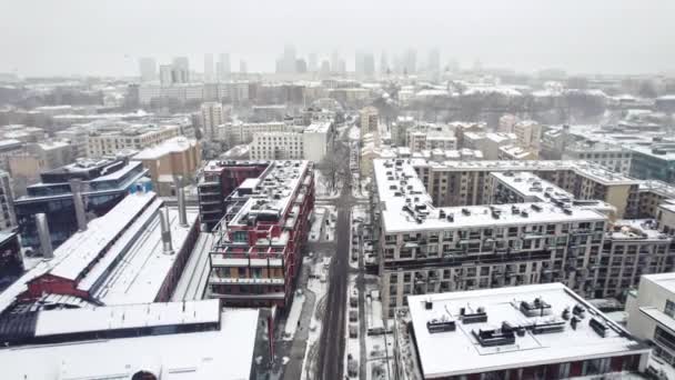Birds Eye View Snow Covered Buildings City Centre Skyscrapers Visible — 图库视频影像