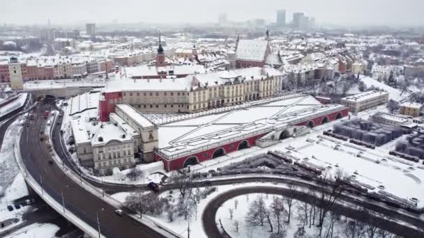 Birds Eye View Video Warsaws Old Town Winter Royal Castle — Stok Video