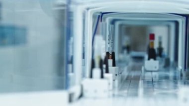 Close-up of empty test tubes moving around inside an automated lab glazed line. Lab concept. High quality 4k footage