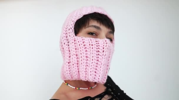 Winter Wear Concept Gen Girl Fashionable Pink Knitted Balaclava Hat — Stock Video