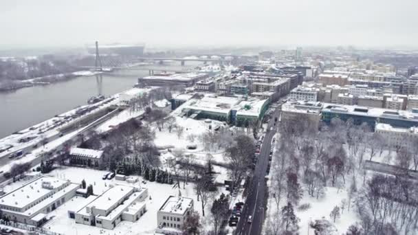 Aerial Shot Video Winter City River Winter Concept Polish Architecture — Stok Video