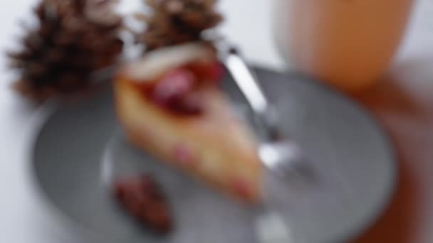 Повільно Фокусуючи Зображення Шматочка Торта Розміщеного Сірій Площині Поруч Металевою — стокове відео