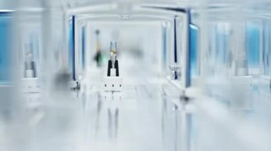 Close up view of a test tube getting closer to the camera while being on a laboratorys belt conveyor. Blurred foreground. . High quality 4k footage