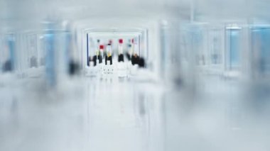 Kan örnekleri ve laboratuarların şerit taşıyıcıları üzerinde test tüplerinin iç görüntüsünün geniş odak noktası. Ön planda bulanıklık. - Evet. Yüksek kalite 4k görüntü