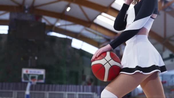 Medium Closeup Shot Cheerleader Beautiful Uniform Holding Ball Sport Concept — Vídeos de Stock